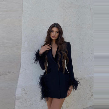 Woochic robe à plumes col en V taille haute irrégulières, Party noir XS